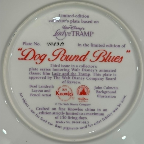 Walt Disney’s Lady and The Tramp “Dog Pound Blues” Collectors Plate 8 1/4 in - Picture 3 of 3
